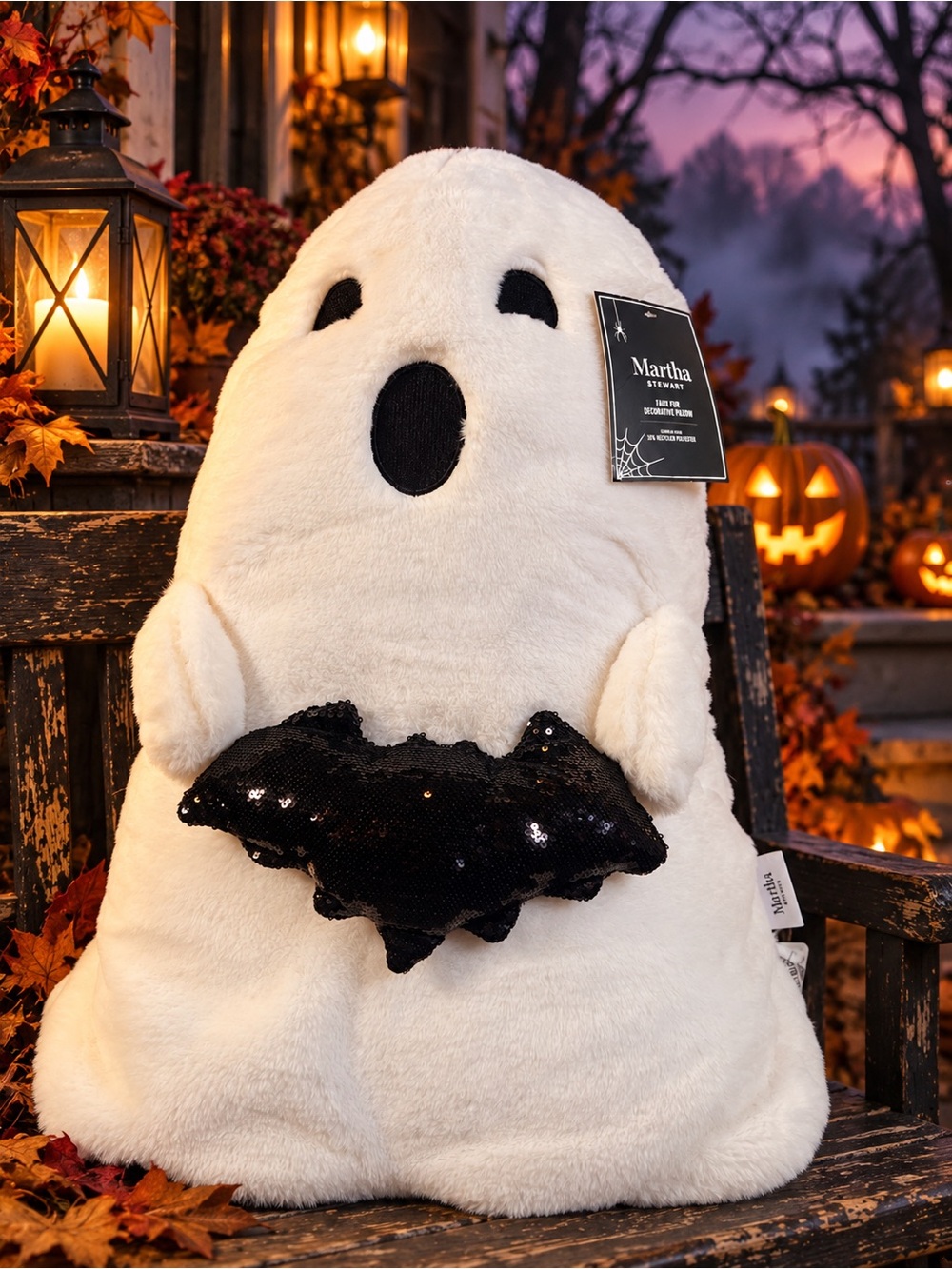 Martha Stewart Plush Ghost Pillow with Sequin Bat Halloween Decor ~22”